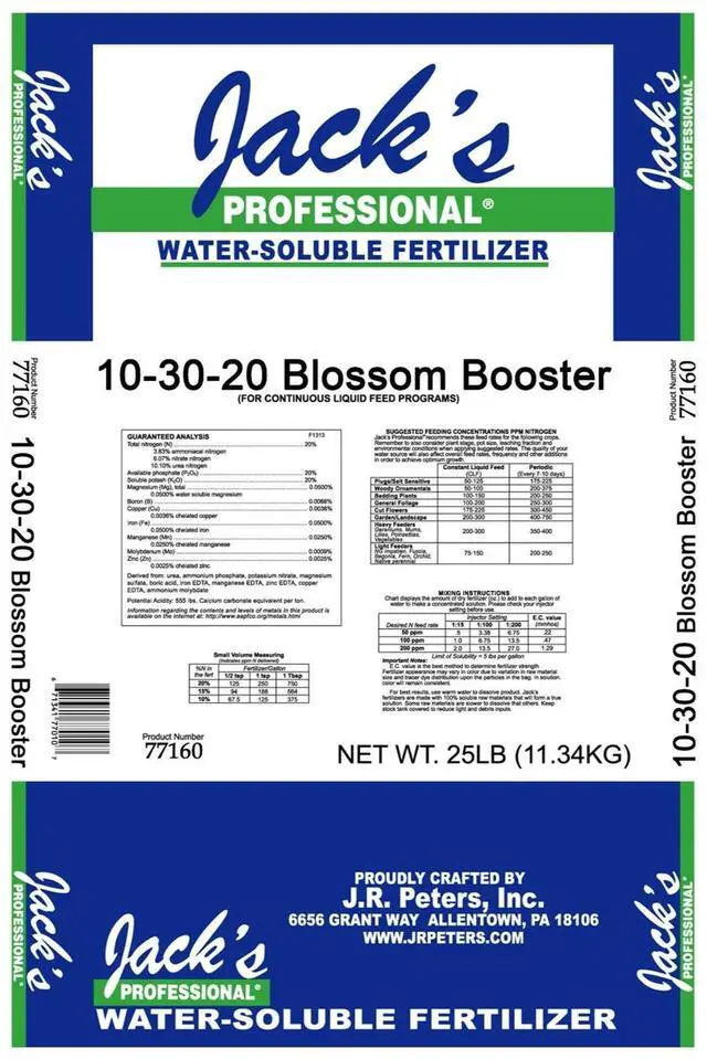 Main image of Jack's Professional 10-30-20 Blossom Booster Water-Soluble Fertilizer with Micronutrients for Increasing Blooms in Plants Grown in Continuous Liquid Feed Programs, 25lbs