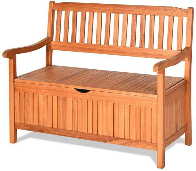 Main image of Outdoor Wood Storage Bench Deck Box, Entryway Porch Storage Bench with Inner Removable Dust-Proof Lining & Portable Handles, Eucalyptus Wood Loveseat for Garden, Lawn, Balcony & Yard
