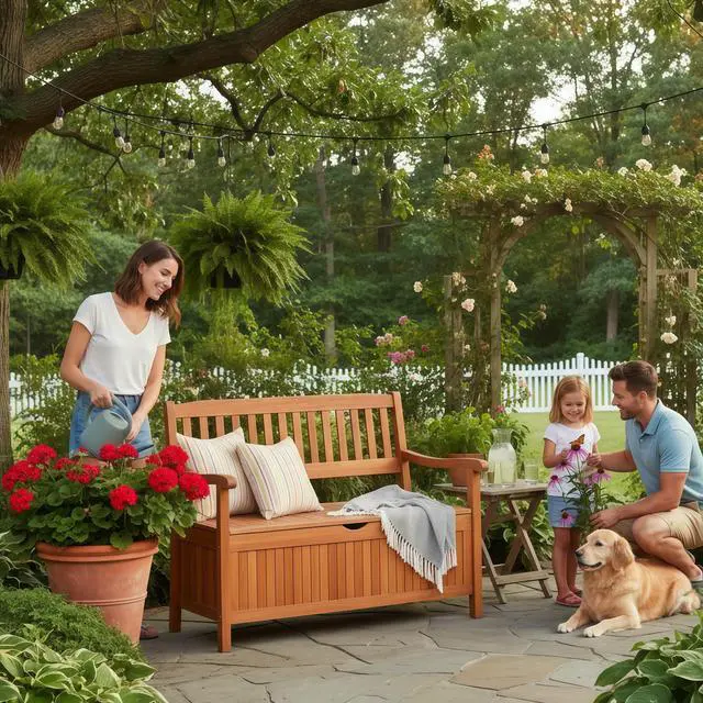 Alt view image 2 of 6 - Outdoor Wood Storage Bench Deck Box, Entryway Porch Storage Bench with Inner Removable Dust-Proof Lining & Portable Handles, Eucalyptus Wood Loveseat for Garden, Lawn, Balcony & Yard