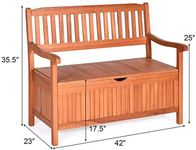 Alt view image 3 of 6 - Outdoor Wood Storage Bench Deck Box, Entryway Porch Storage Bench with Inner Removable Dust-Proof Lining & Portable Handles, Eucalyptus Wood Loveseat for Garden, Lawn, Balcony & Yard