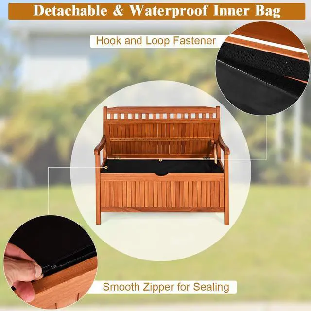 Alt view image 5 of 6 - Outdoor Wood Storage Bench Deck Box, Entryway Porch Storage Bench with Inner Removable Dust-Proof Lining & Portable Handles, Eucalyptus Wood Loveseat for Garden, Lawn, Balcony & Yard
