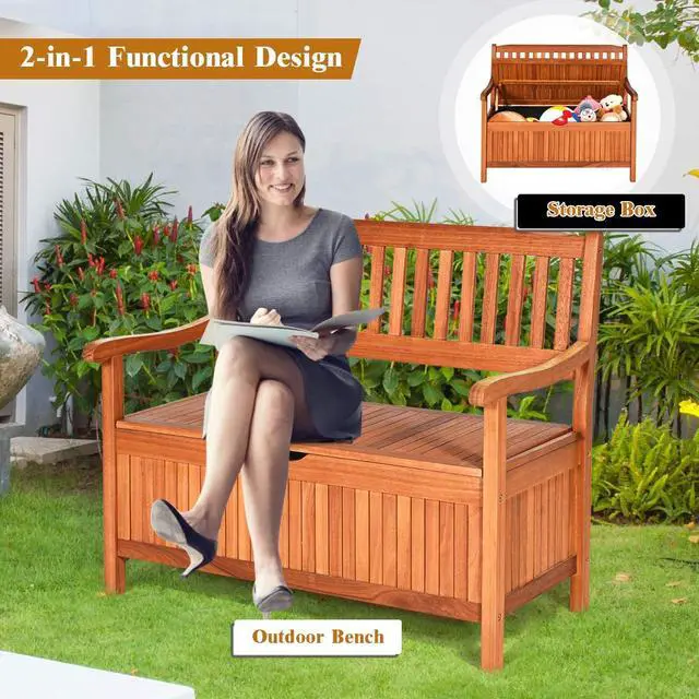 Alt view image 6 of 6 - Outdoor Wood Storage Bench Deck Box, Entryway Porch Storage Bench with Inner Removable Dust-Proof Lining & Portable Handles, Eucalyptus Wood Loveseat for Garden, Lawn, Balcony & Yard