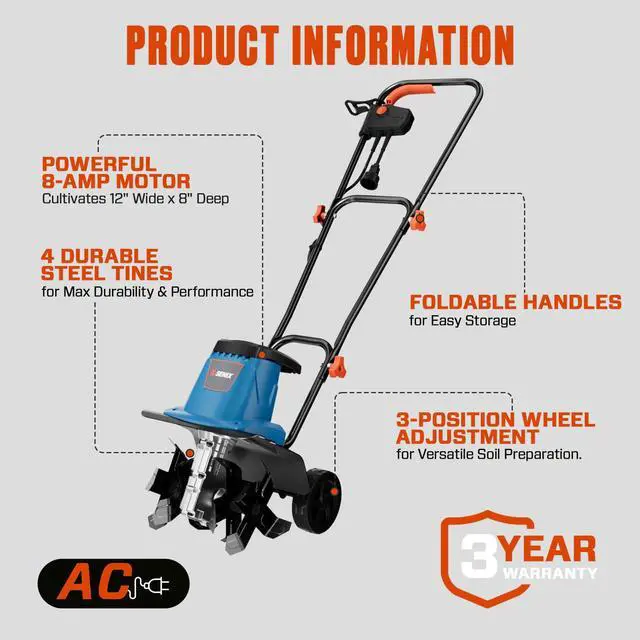 Alt view image 2 of 6 - Electric Corded Garden Tiller & Cultivator, Steel Tines, 8 Amp, 12 Till Width,8 Till Width 3-Position Wheel Adjustment-Heavy Duty Gardening Machine Equipment for Lawn, Yard, & Grass