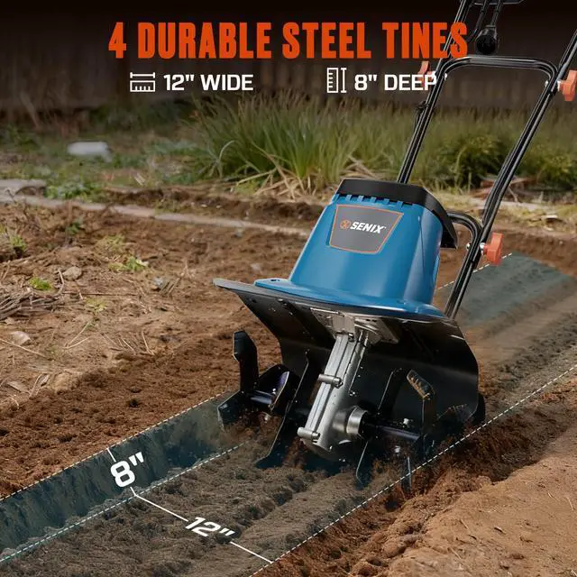 Alt view image 3 of 6 - Electric Corded Garden Tiller & Cultivator, Steel Tines, 8 Amp, 12 Till Width,8 Till Width 3-Position Wheel Adjustment-Heavy Duty Gardening Machine Equipment for Lawn, Yard, & Grass