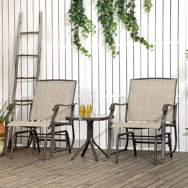 Alt view image 2 of 6 - 3 Piece Outdoor Glider Chair with Coffee Table Bistro Set, 2 Patio Rocking Swing Chairs with Breathable Sling Fabric, Glass Tabletop, for Backyard, Garden and Porch, Mixed Brown