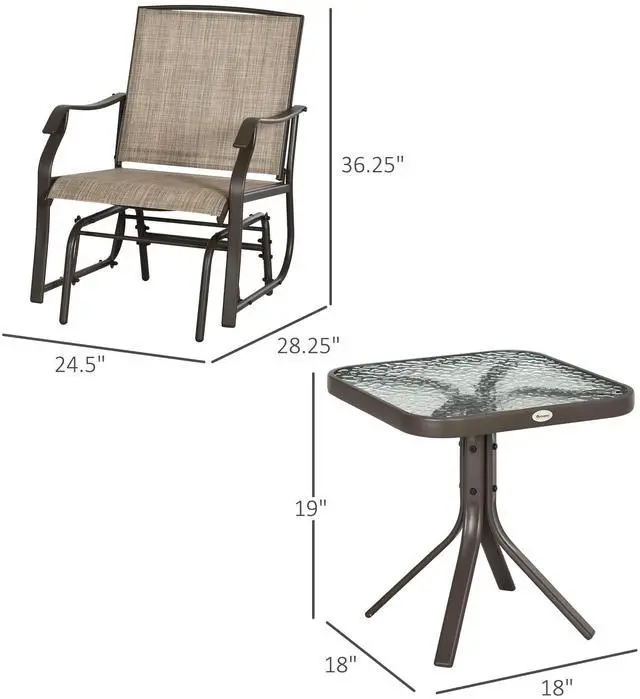 Alt view image 3 of 6 - 3 Piece Outdoor Glider Chair with Coffee Table Bistro Set, 2 Patio Rocking Swing Chairs with Breathable Sling Fabric, Glass Tabletop, for Backyard, Garden and Porch, Mixed Brown
