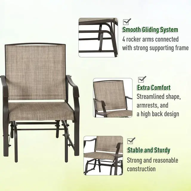 Alt view image 5 of 6 - 3 Piece Outdoor Glider Chair with Coffee Table Bistro Set, 2 Patio Rocking Swing Chairs with Breathable Sling Fabric, Glass Tabletop, for Backyard, Garden and Porch, Mixed Brown