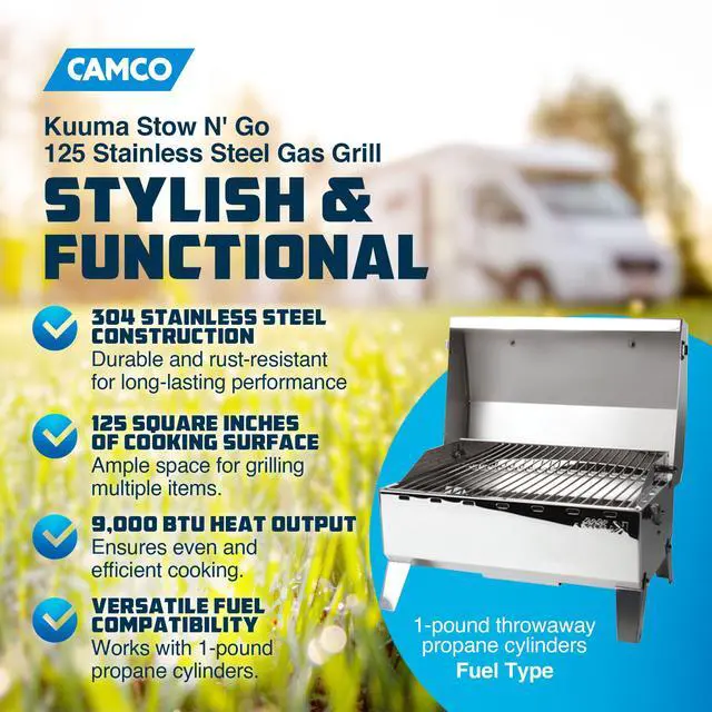 Alt view image 2 of 6 - Kuuma Stow N Go 125 Stainless Steel Gas Grill with Latch, Handle, and Pedestal Mount for Patio, Lawn, and Garden, Silver