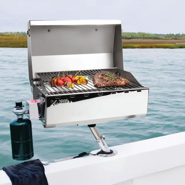 Alt view image 4 of 6 - Kuuma Stow N Go 125 Stainless Steel Gas Grill with Latch, Handle, and Pedestal Mount for Patio, Lawn, and Garden, Silver