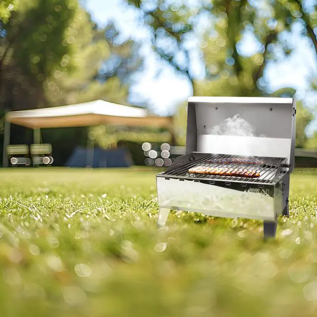 Alt view image 5 of 6 - Kuuma Stow N Go 125 Stainless Steel Gas Grill with Latch, Handle, and Pedestal Mount for Patio, Lawn, and Garden, Silver