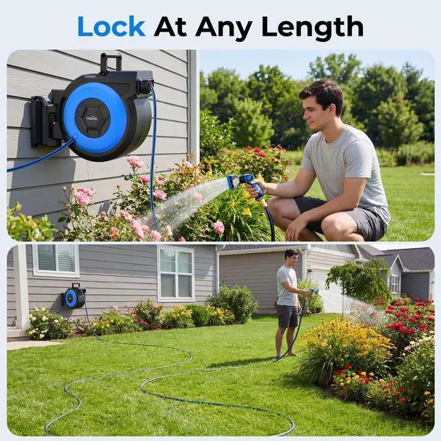 Alt view image 3 of 6 - Retractable Garden Hose Reel, 1/2" x 131FT Heavy Duty Automatic Retractable Hose Reel Wall Mount, with 10- Function Sprayer Nozzle, Any Length Lock/Auto Rewind/180°Swivel