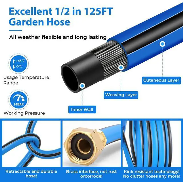 Alt view image 6 of 6 - Retractable Garden Hose Reel, 1/2" x 131FT Heavy Duty Automatic Retractable Hose Reel Wall Mount, with 10- Function Sprayer Nozzle, Any Length Lock/Auto Rewind/180°Swivel
