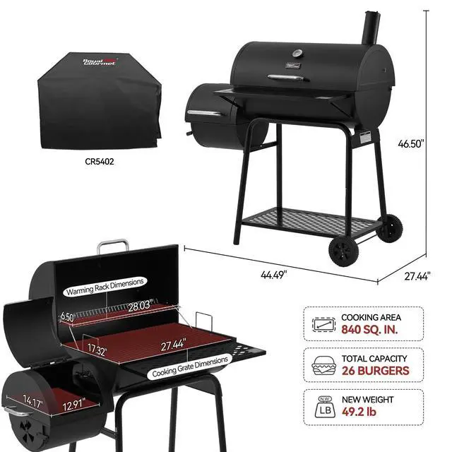 Alt view image 2 of 6 - CC1830FC 28-Inch Barrel Charcoal Grill with Offset Smoker, 840 Sq. In. Cooking Area, Front Shelf, Charcoal Grill for Outdoor Grilling and Backyard Cooking, Black