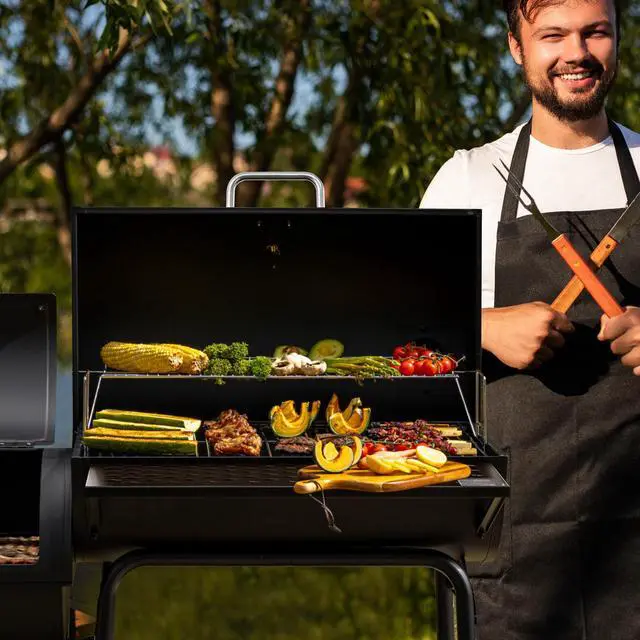 Alt view image 3 of 6 - CC1830FC 28-Inch Barrel Charcoal Grill with Offset Smoker, 840 Sq. In. Cooking Area, Front Shelf, Charcoal Grill for Outdoor Grilling and Backyard Cooking, Black