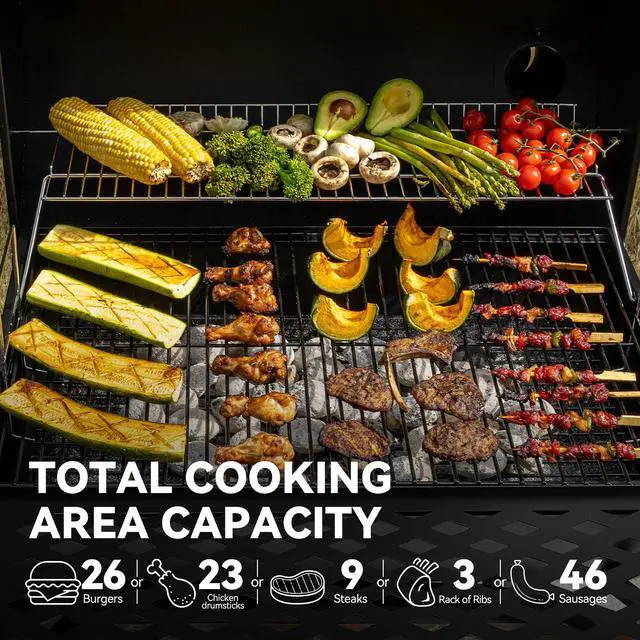 Alt view image 4 of 6 - CC1830FC 28-Inch Barrel Charcoal Grill with Offset Smoker, 840 Sq. In. Cooking Area, Front Shelf, Charcoal Grill for Outdoor Grilling and Backyard Cooking, Black