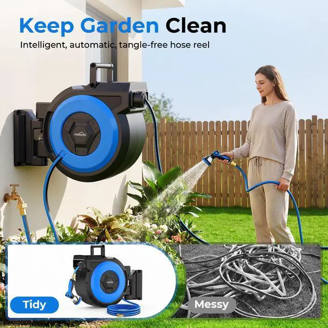 Alt view image 2 of 6 - Retractable Garden Hose Reel, 5/8" x 90FT Automatic Retractable Water Hose Reel Wall Mount, with 10- Function Sprayer Nozzle, Any Length Lock/Auto Rewind/180°Swivel