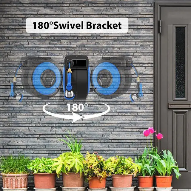 Alt view image 5 of 6 - Retractable Garden Hose Reel, 5/8" x 90FT Automatic Retractable Water Hose Reel Wall Mount, with 10- Function Sprayer Nozzle, Any Length Lock/Auto Rewind/180°Swivel
