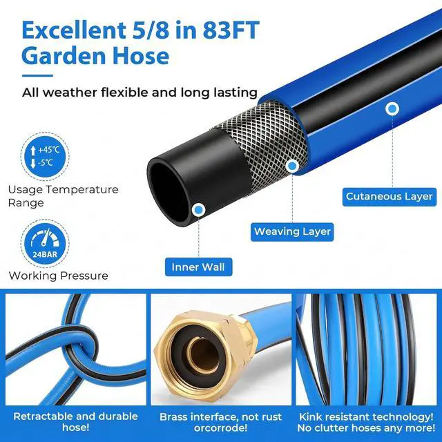 Alt view image 6 of 6 - Retractable Garden Hose Reel, 5/8" x 90FT Automatic Retractable Water Hose Reel Wall Mount, with 10- Function Sprayer Nozzle, Any Length Lock/Auto Rewind/180°Swivel
