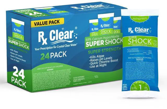 Main image of Super Shock for Swimming Pools | 68% Calcium Hypochlorite Shock | Chlorinator and Algaecide | Kill Pool Algae for a Crystal Clear Pool | One Pound Bags | 24 Pack