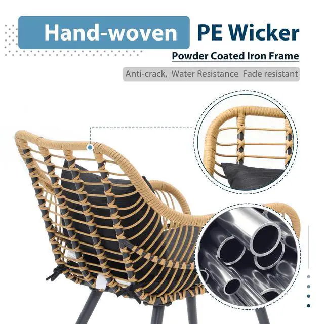 Alt view image 2 of 6 - 3 Piece Patio Bistro Set, Wicker Outdoor Patio Set with Enhanced Comfort Seating, Round Glass Top Coffee Side Table, Patio Rattan Conversation Set for Balcony, Lawn, Garden, Backyard, Black