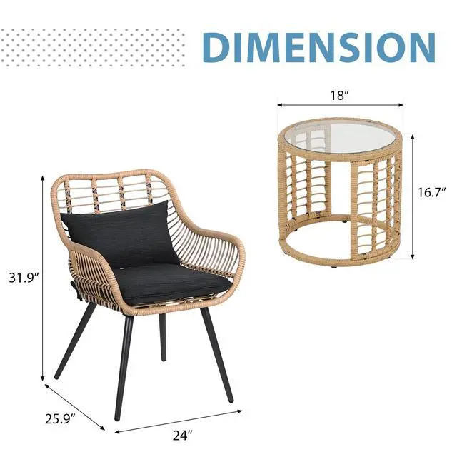 Alt view image 6 of 6 - 3 Piece Patio Bistro Set, Wicker Outdoor Patio Set with Enhanced Comfort Seating, Round Glass Top Coffee Side Table, Patio Rattan Conversation Set for Balcony, Lawn, Garden, Backyard, Black