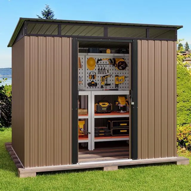 Main image of 7.4'x5.3' Outdoor Storage Shed Metal Garden Shed with Sliding Lockable Doors, Versatile Tool Bike Shed with Transparent Panel Windows, Outdoor Storage Clearance for Backyard, Patio, Light Brown