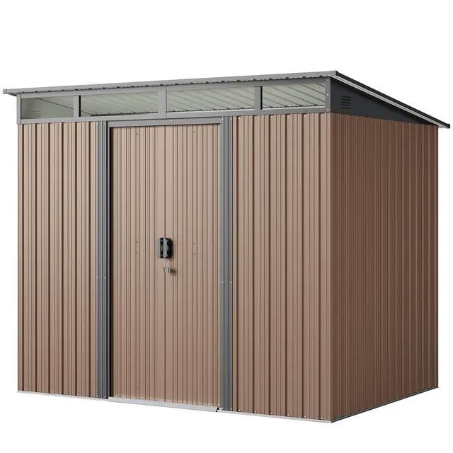 Alt view image 2 of 6 - 7.4'x5.3' Outdoor Storage Shed Metal Garden Shed with Sliding Lockable Doors, Versatile Tool Bike Shed with Transparent Panel Windows, Outdoor Storage Clearance for Backyard, Patio, Light Brown