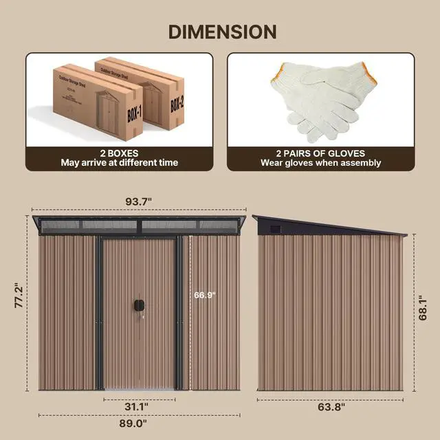 Alt view image 3 of 6 - 7.4'x5.3' Outdoor Storage Shed Metal Garden Shed with Sliding Lockable Doors, Versatile Tool Bike Shed with Transparent Panel Windows, Outdoor Storage Clearance for Backyard, Patio, Light Brown