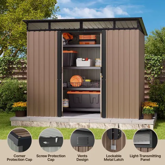 Alt view image 4 of 6 - 7.4'x5.3' Outdoor Storage Shed Metal Garden Shed with Sliding Lockable Doors, Versatile Tool Bike Shed with Transparent Panel Windows, Outdoor Storage Clearance for Backyard, Patio, Light Brown
