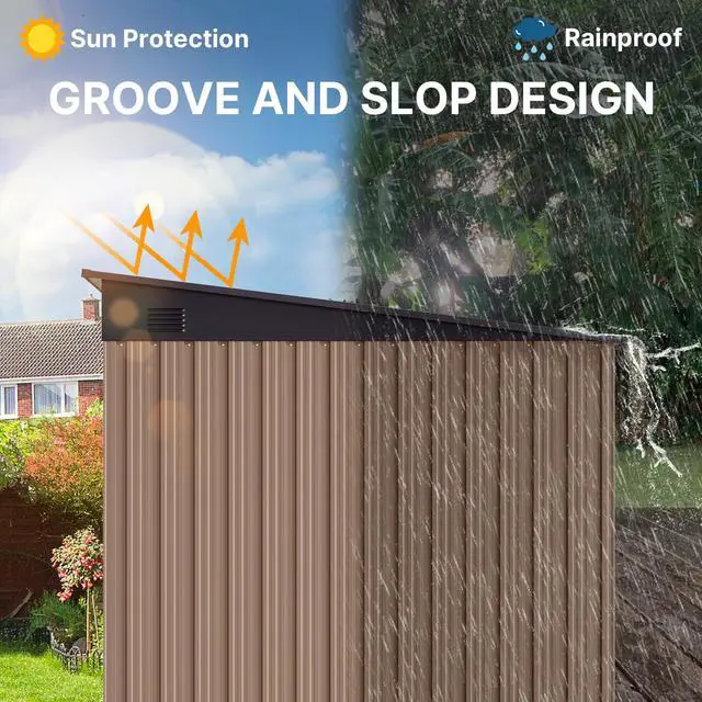 Alt view image 5 of 6 - 7.4'x5.3' Outdoor Storage Shed Metal Garden Shed with Sliding Lockable Doors, Versatile Tool Bike Shed with Transparent Panel Windows, Outdoor Storage Clearance for Backyard, Patio, Light Brown