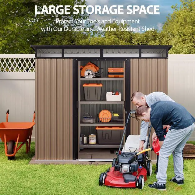 Alt view image 6 of 6 - 7.4'x5.3' Outdoor Storage Shed Metal Garden Shed with Sliding Lockable Doors, Versatile Tool Bike Shed with Transparent Panel Windows, Outdoor Storage Clearance for Backyard, Patio, Light Brown