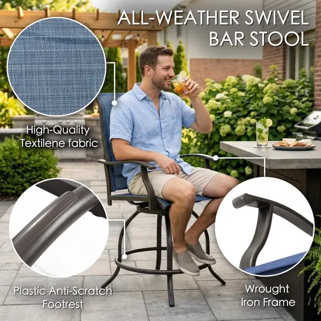 Alt view image 5 of 6 - Isabella Outdoor Swivel Bar Stools, Counter Height Patio Swivel Chairs with Textilene Seat, Outdoor Bar Height Chairs for Backyard, Bistro, Patio Bars, Navy Blue