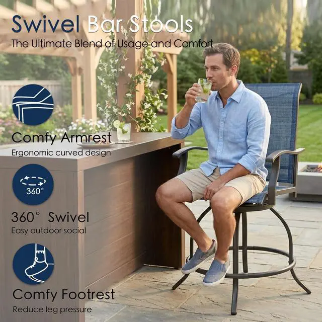 Alt view image 6 of 6 - Isabella Outdoor Swivel Bar Stools, Counter Height Patio Swivel Chairs with Textilene Seat, Outdoor Bar Height Chairs for Backyard, Bistro, Patio Bars, Navy Blue
