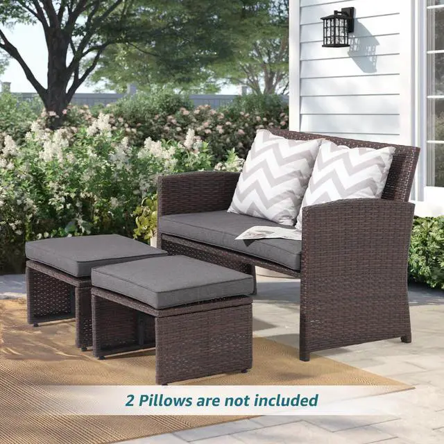 Alt view image 2 of 6 - Outdoor Loveseat 3 Piece Patio Furniture Set Outdoor Conversation Set All-Weather Wicker Love Seat with Ottoman/Side Table, Brown Rattan, Dark Grey