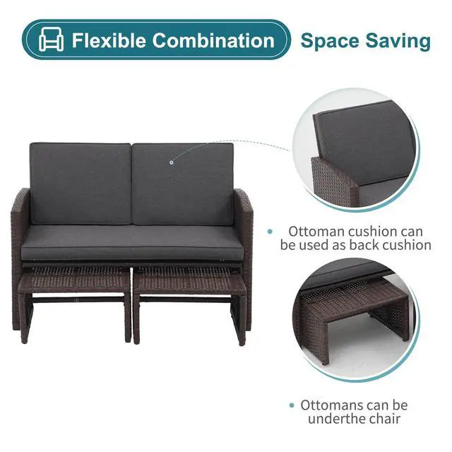 Alt view image 3 of 6 - Outdoor Loveseat 3 Piece Patio Furniture Set Outdoor Conversation Set All-Weather Wicker Love Seat with Ottoman/Side Table, Brown Rattan, Dark Grey