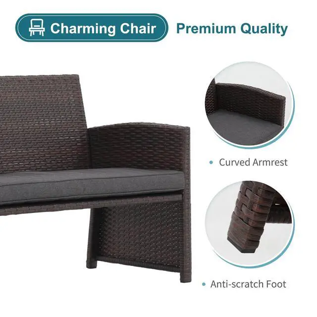 Alt view image 4 of 6 - Outdoor Loveseat 3 Piece Patio Furniture Set Outdoor Conversation Set All-Weather Wicker Love Seat with Ottoman/Side Table, Brown Rattan, Dark Grey