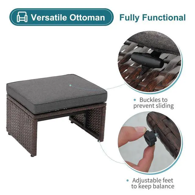 Alt view image 5 of 6 - Outdoor Loveseat 3 Piece Patio Furniture Set Outdoor Conversation Set All-Weather Wicker Love Seat with Ottoman/Side Table, Brown Rattan, Dark Grey