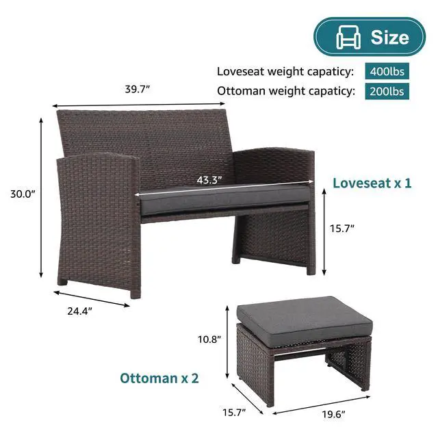 Alt view image 6 of 6 - Outdoor Loveseat 3 Piece Patio Furniture Set Outdoor Conversation Set All-Weather Wicker Love Seat with Ottoman/Side Table, Brown Rattan, Dark Grey