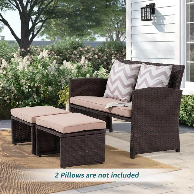 Alt view image 2 of 6 - Outdoor Loveseat 3 Piece Patio Furniture Set Outdoor Conversation Set All-Weather Wicker Love Seat with Ottoman/Side Table, Brown Rattan, Beige
