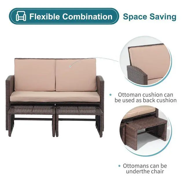 Alt view image 3 of 6 - Outdoor Loveseat 3 Piece Patio Furniture Set Outdoor Conversation Set All-Weather Wicker Love Seat with Ottoman/Side Table, Brown Rattan, Beige