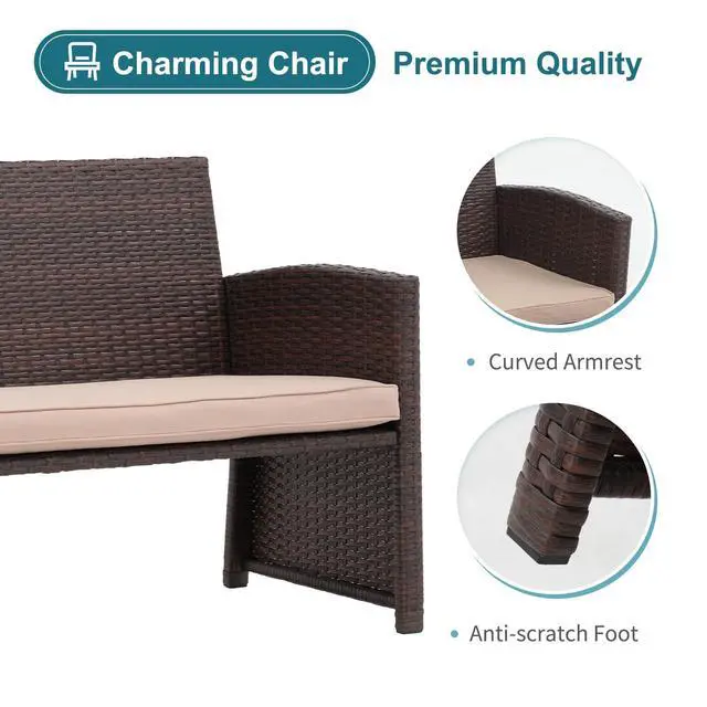 Alt view image 4 of 6 - Outdoor Loveseat 3 Piece Patio Furniture Set Outdoor Conversation Set All-Weather Wicker Love Seat with Ottoman/Side Table, Brown Rattan, Beige