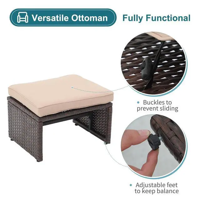 Alt view image 5 of 6 - Outdoor Loveseat 3 Piece Patio Furniture Set Outdoor Conversation Set All-Weather Wicker Love Seat with Ottoman/Side Table, Brown Rattan, Beige