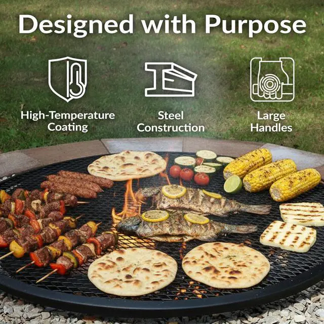 Alt view image 3 of 6 - Sunnydaze X-Marks Outdoor Fire Pit Grill Grate for Cooking - Round Fire Pit Grate - Steel Campfire BBQ Grill with Handles - 37.5-Inch