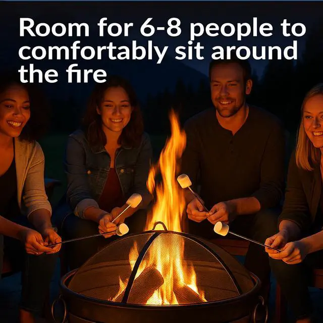 Alt view image 2 of 6 - Sunnydaze 34-Inch Steel Large Fire Pit for Outside - Wood-Burning Fire Pit Bowl for Outdoors with Spark Screen, Log Poker, and Grate
