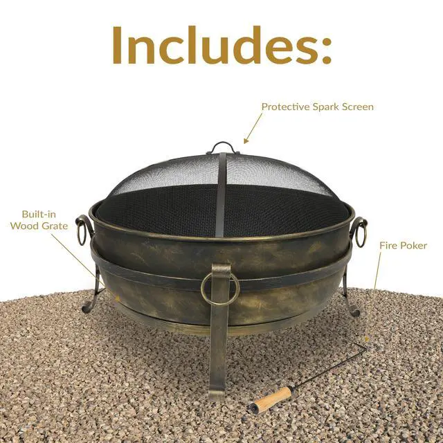 Alt view image 3 of 6 - Sunnydaze 34-Inch Steel Large Fire Pit for Outside - Wood-Burning Fire Pit Bowl for Outdoors with Spark Screen, Log Poker, and Grate