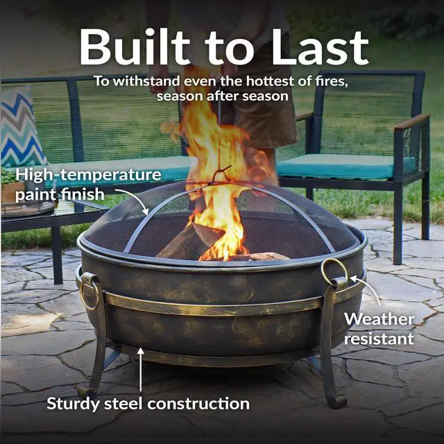 Alt view image 4 of 6 - Sunnydaze 34-Inch Steel Large Fire Pit for Outside - Wood-Burning Fire Pit Bowl for Outdoors with Spark Screen, Log Poker, and Grate