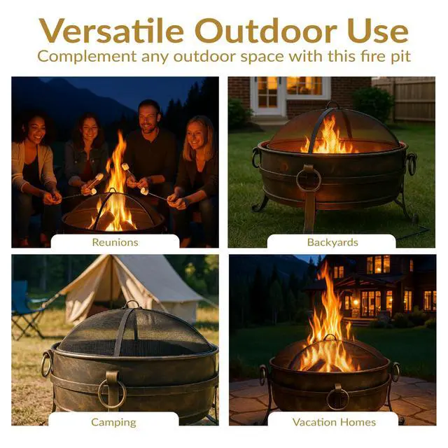 Alt view image 5 of 6 - Sunnydaze 34-Inch Steel Large Fire Pit for Outside - Wood-Burning Fire Pit Bowl for Outdoors with Spark Screen, Log Poker, and Grate