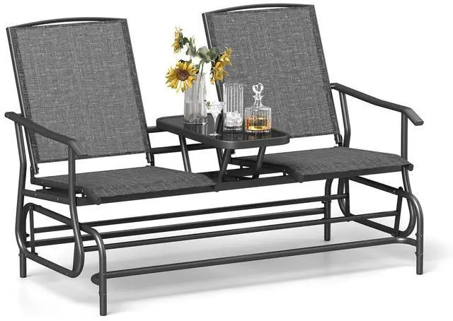 Main image of 2 Person Swing Glider Chair, Patio Rocking Loveseat w/Center Tempered Glass Table, Outdoor Swing Bench w/Steel Frame & Breathable Mesh Fabric for Porch, Balcony, Poolside (Grey)