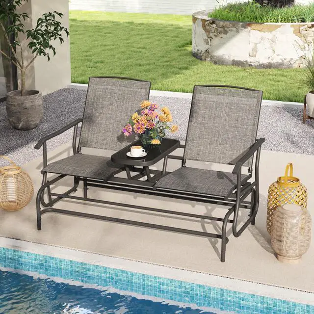 Alt view image 2 of 6 - 2 Person Swing Glider Chair, Patio Rocking Loveseat w/Center Tempered Glass Table, Outdoor Swing Bench w/Steel Frame & Breathable Mesh Fabric for Porch, Balcony, Poolside (Grey)
