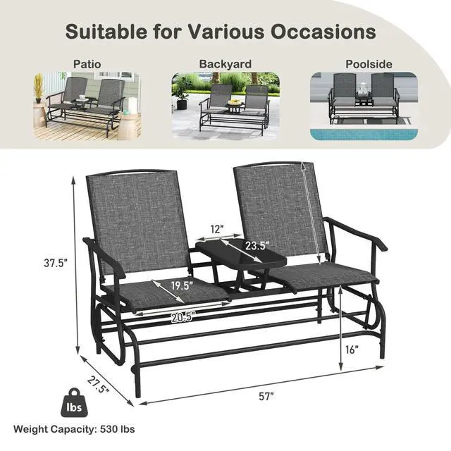 Alt view image 3 of 6 - 2 Person Swing Glider Chair, Patio Rocking Loveseat w/Center Tempered Glass Table, Outdoor Swing Bench w/Steel Frame & Breathable Mesh Fabric for Porch, Balcony, Poolside (Grey)
